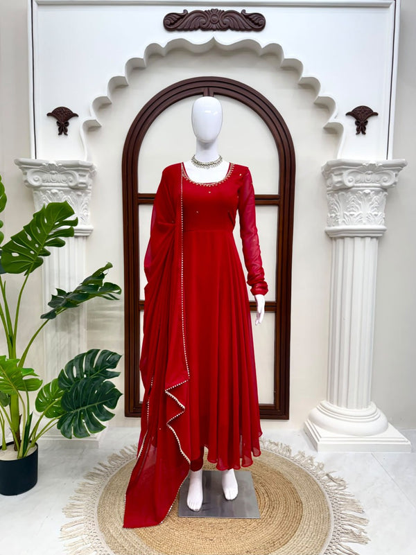 Red Anarkali Suit Set with Pant & Dupatta - photo 1