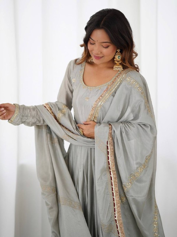 Grey Chinon Anarkali Suit Set - photo 2