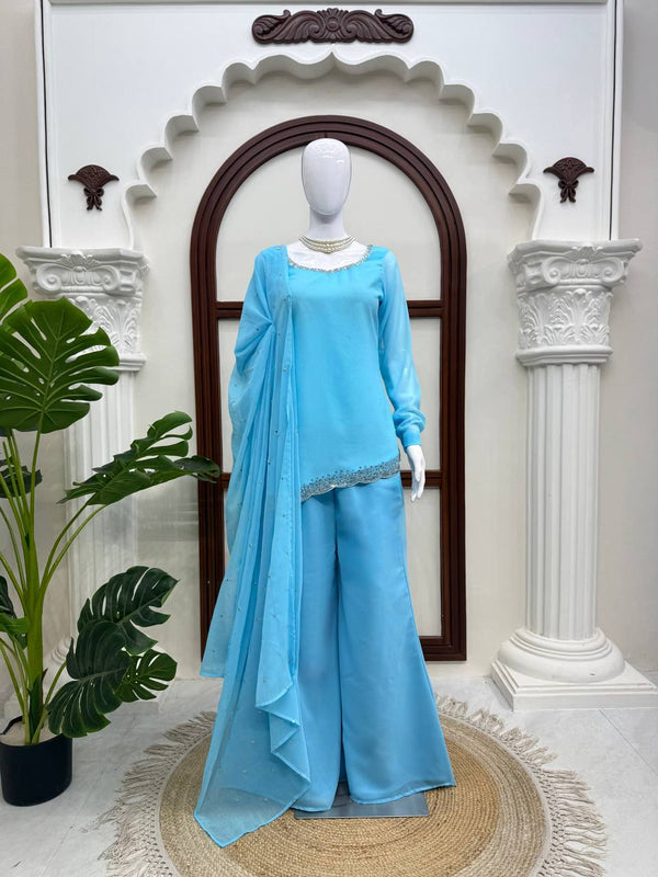 Aqua Bloom Sequin Kurti Plazo Set