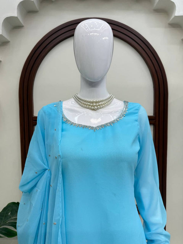 Aqua Bloom Sequin Kurti Plazo Set