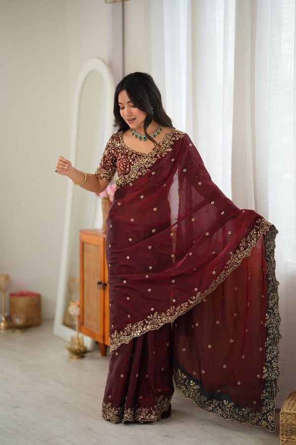 Maroon Fendy Silk Saree with Thread - photo 1