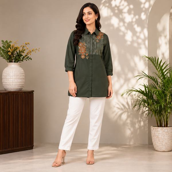 Olive Bloom Embroidered Cotton Tunic - photo 1