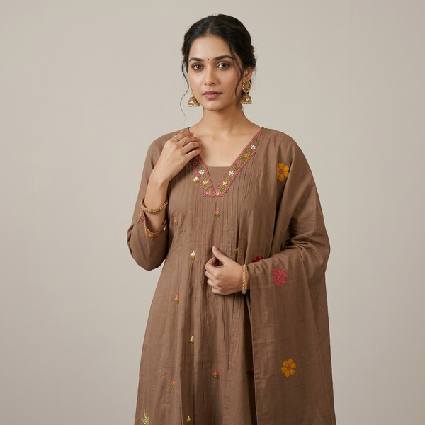 Mocha Brown Floral Embroidered Kurta Set - photo 2