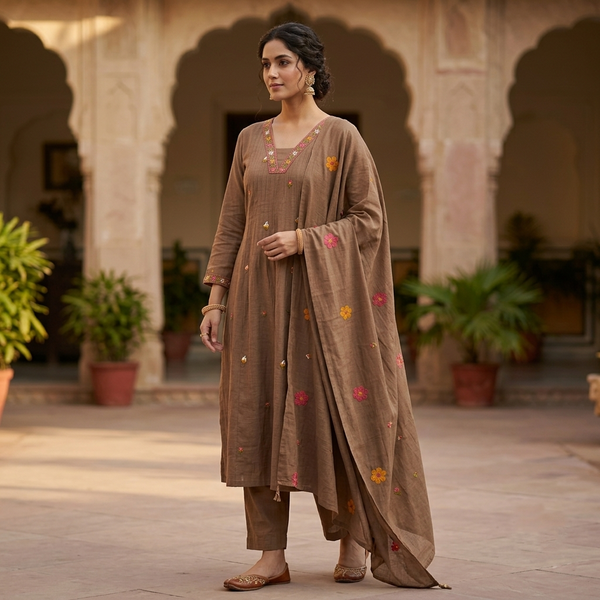 Mocha Brown Floral Embroidered Kurta Set - photo 1