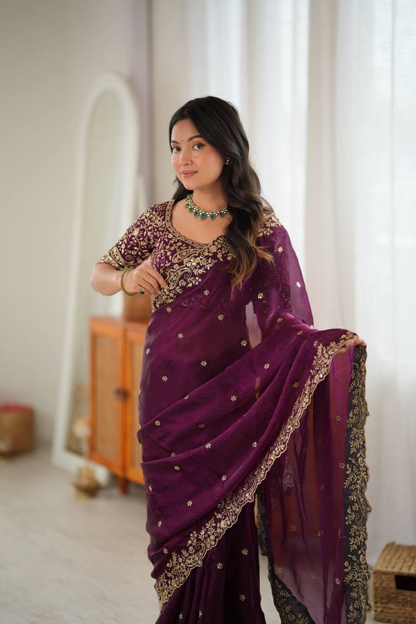 Wine Fendy Silk Saree, Thread & Sequin - photo 4