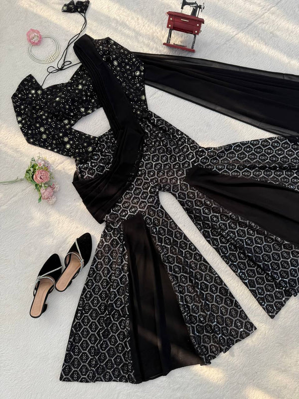 Black Georgette Sharara Set with Blouse - photo 6