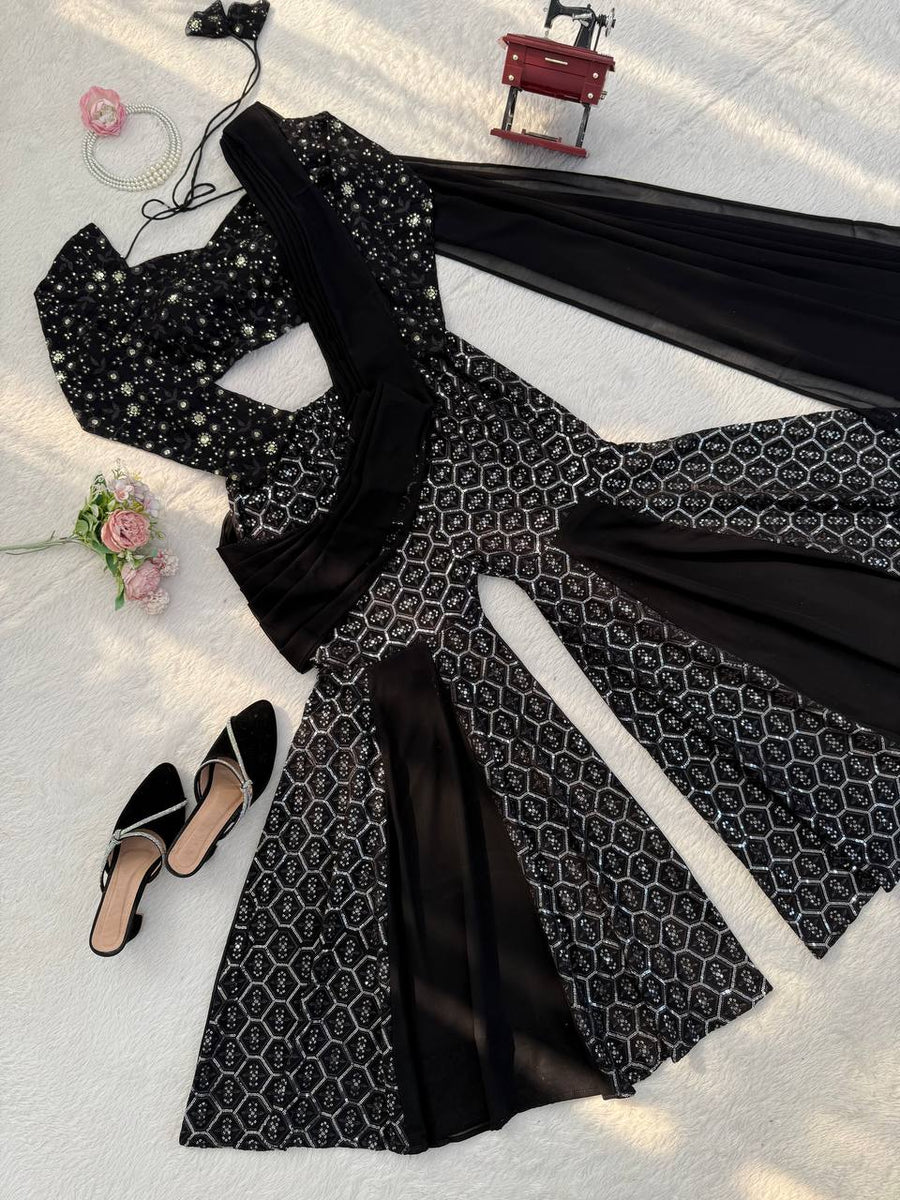 Black Georgette Sharara Set with Blouse - photo 6