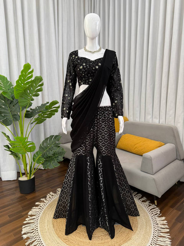 Black Georgette Sharara Set with Blouse - photo 1