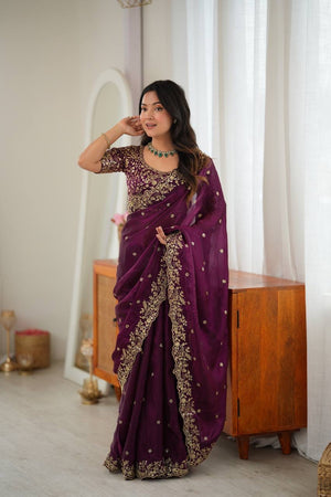 Wine Fendy Silk Saree, Thread & Sequin - photo 5
