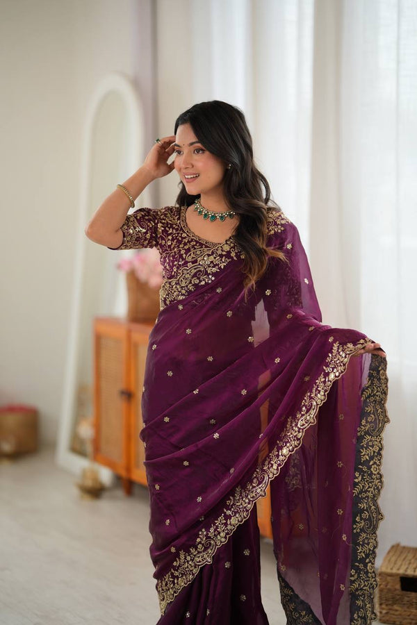 Wine Fendy Silk Saree, Thread & Sequin - photo 2