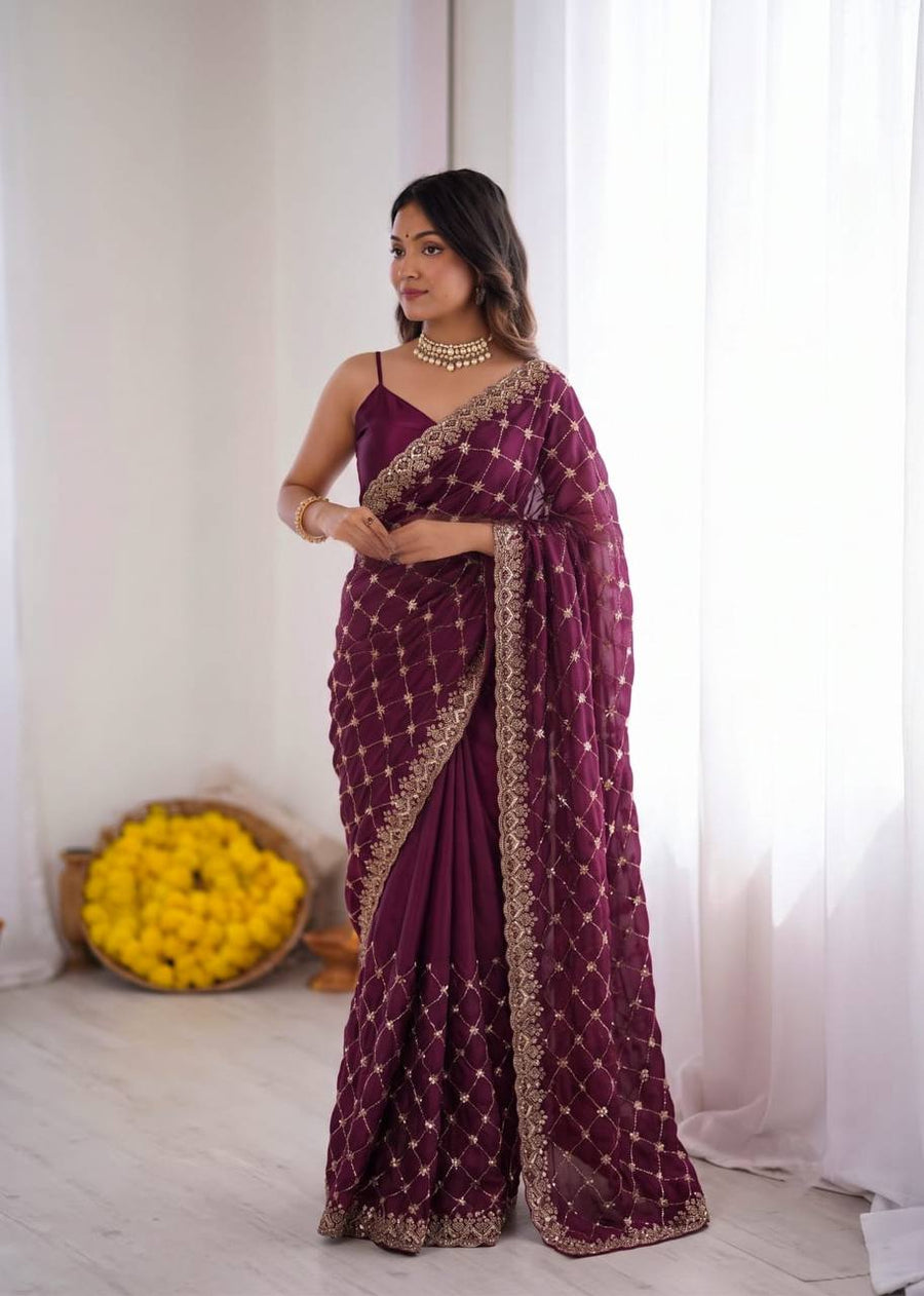 Wine Plum Embroidered Saree, Gold Border - photo 3
