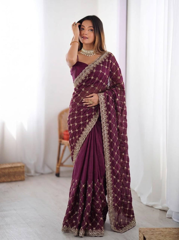 Wine Plum Embroidered Saree, Gold Border - photo 1