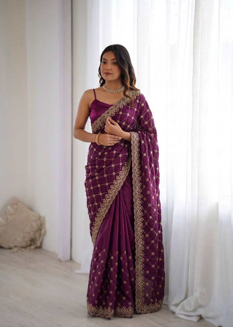 Wine Plum Embroidered Saree, Gold Border - photo 4