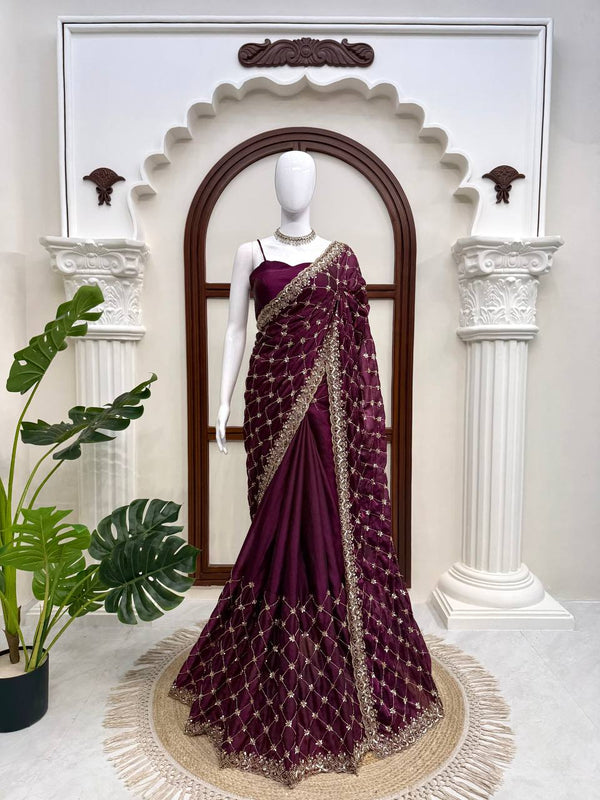 Wine Plum Embroidered Saree, Gold Border - photo 5