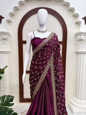 Wine Plum Embroidered Saree, Gold Border - photo 2