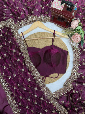 Wine Plum Embroidered Saree, Gold Border - photo 6
