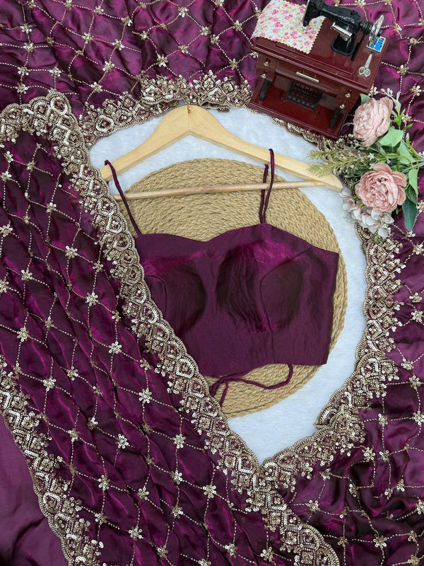 Wine Plum Embroidered Saree, Gold Border - photo 6