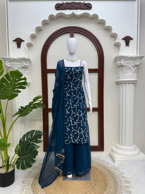 Royal Teal Blue Embroidered 3-Piece Suit Set