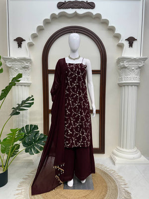 Premium Wine Georgette 3-Piece Embroidered Suit Set