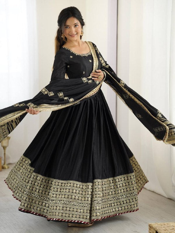 Black Anarkali Gown with Golden Embroidery & Dupatta