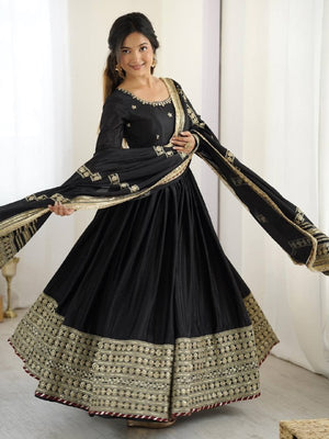 Black Anarkali Gown with Golden Embroidery & Dupatta