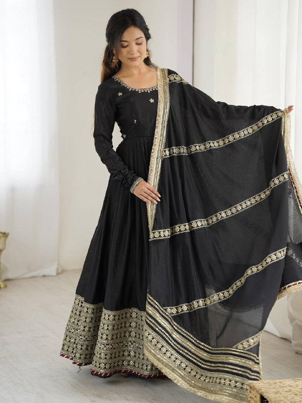 Black Anarkali Gown with Golden Embroidery - photo 2