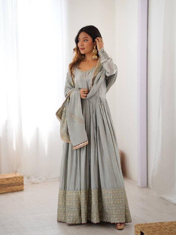 Elegant Grey Chinon Anarkali Suit Set