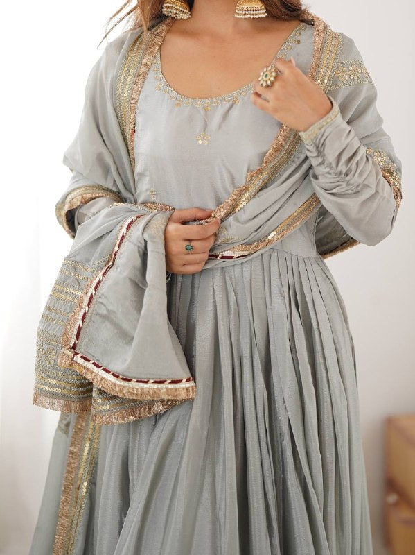 Grey Chinon Anarkali Suit Set - photo 3