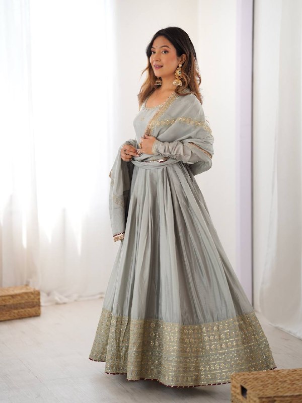 Grey Chinon Anarkali Suit Set - photo 5