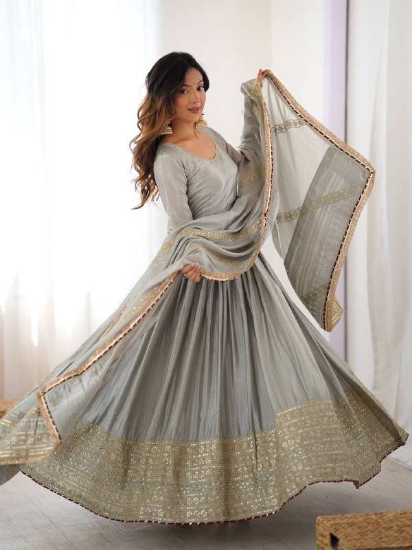 Grey Chinon Anarkali Suit Set - photo 7