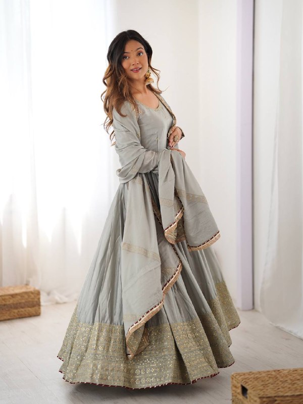 Grey Chinon Anarkali Suit Set - photo 4