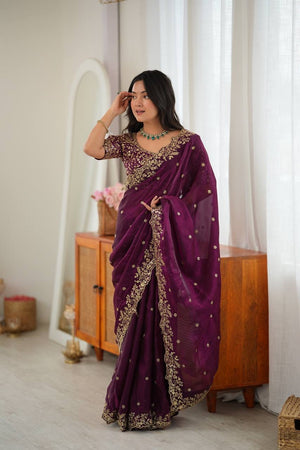 Wine Fendy Silk Saree, Thread & Sequin - photo 9