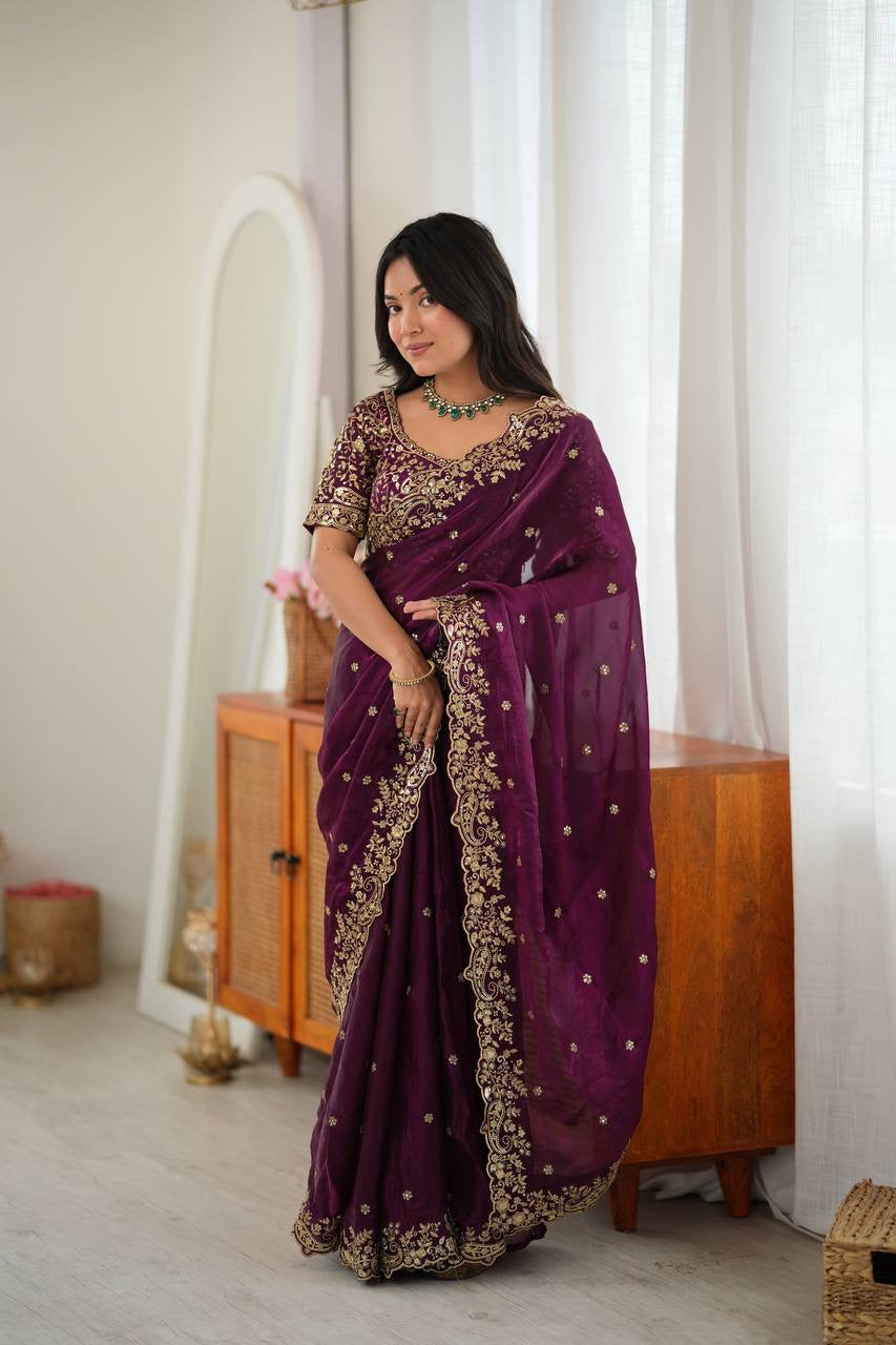 Wine Fendy Silk Saree, Thread & Sequin - photo 8