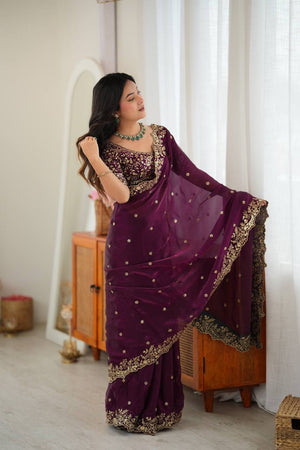 Wine Fendy Silk Saree, Thread & Sequin - photo 3
