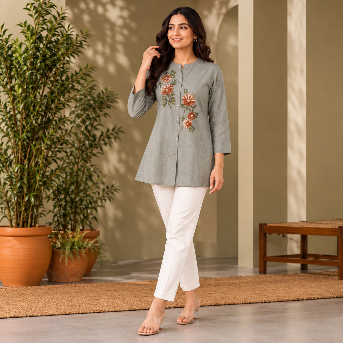 Slate Blossom Hand-Embroidered Tunic