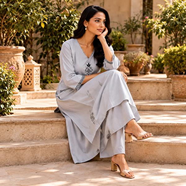 Grey Embroidered Kurta Pant Set - photo 3