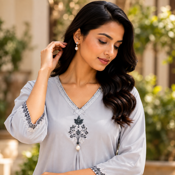 Grey Embroidered Kurta Pant Set - photo 2