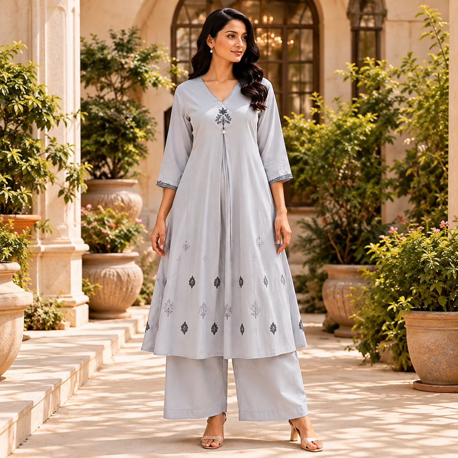 Grey Embroidered Kurta Pant Set - photo 1