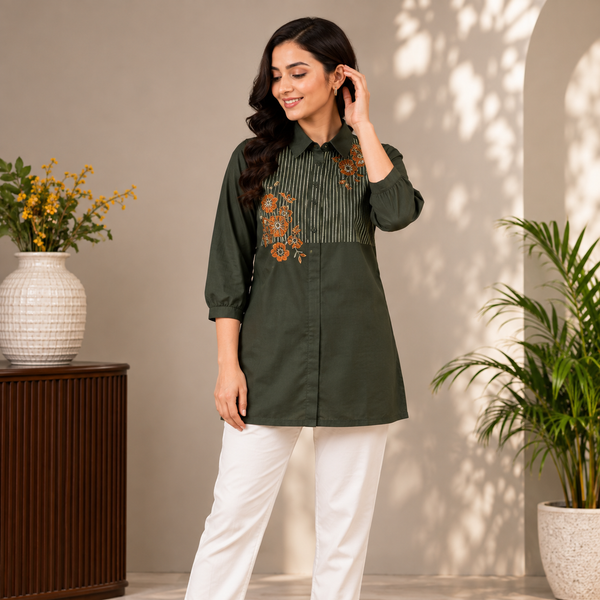 Olive Bloom Embroidered Cotton Tunic - photo 3