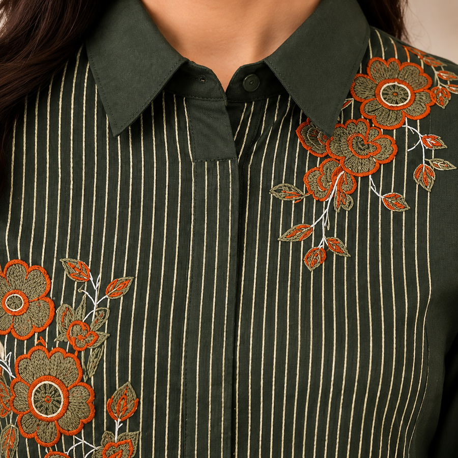 Olive Bloom Embroidered Cotton Tunic - photo 2