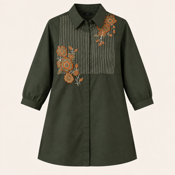Olive Bloom Embroidered Cotton Tunic - photo 7