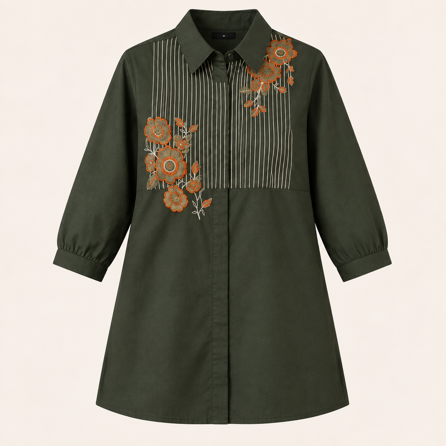 Olive Bloom Embroidered Cotton Tunic - photo 7