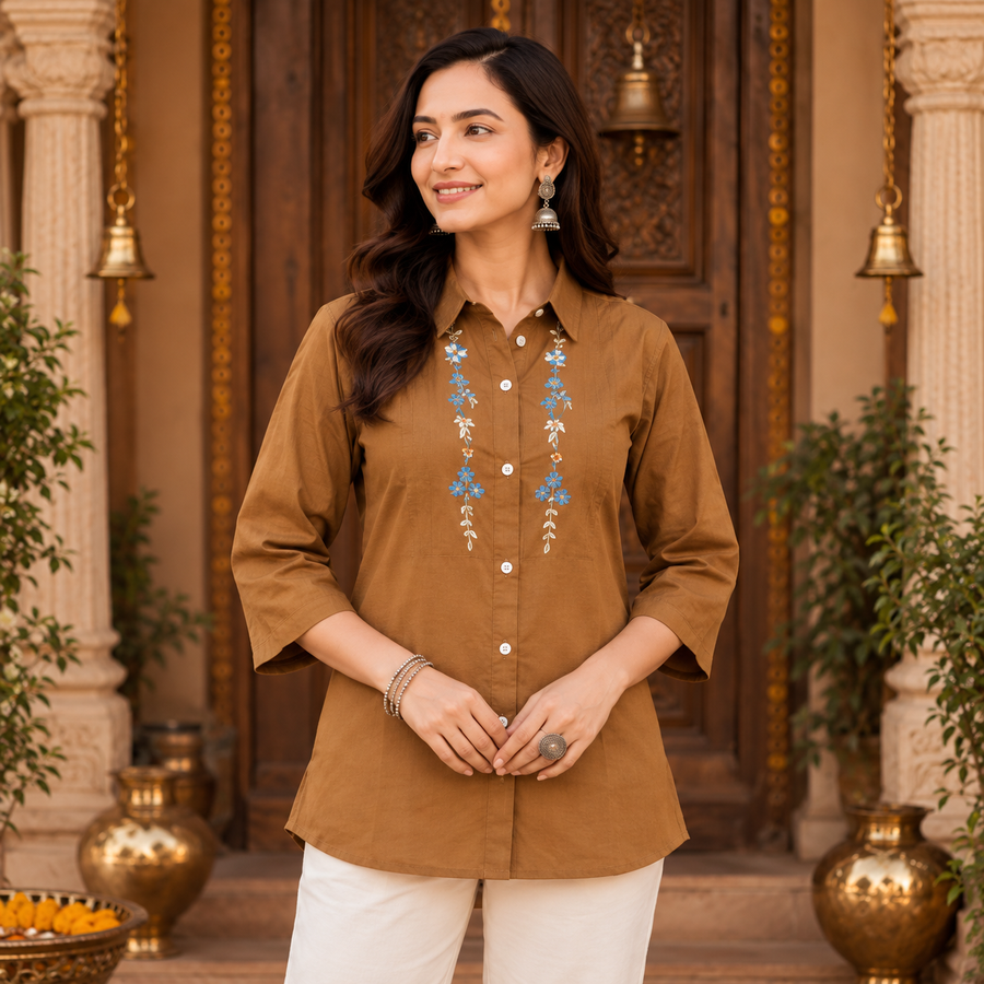 Ochre Bloom Embroidered Cotton Tunic - photo 1