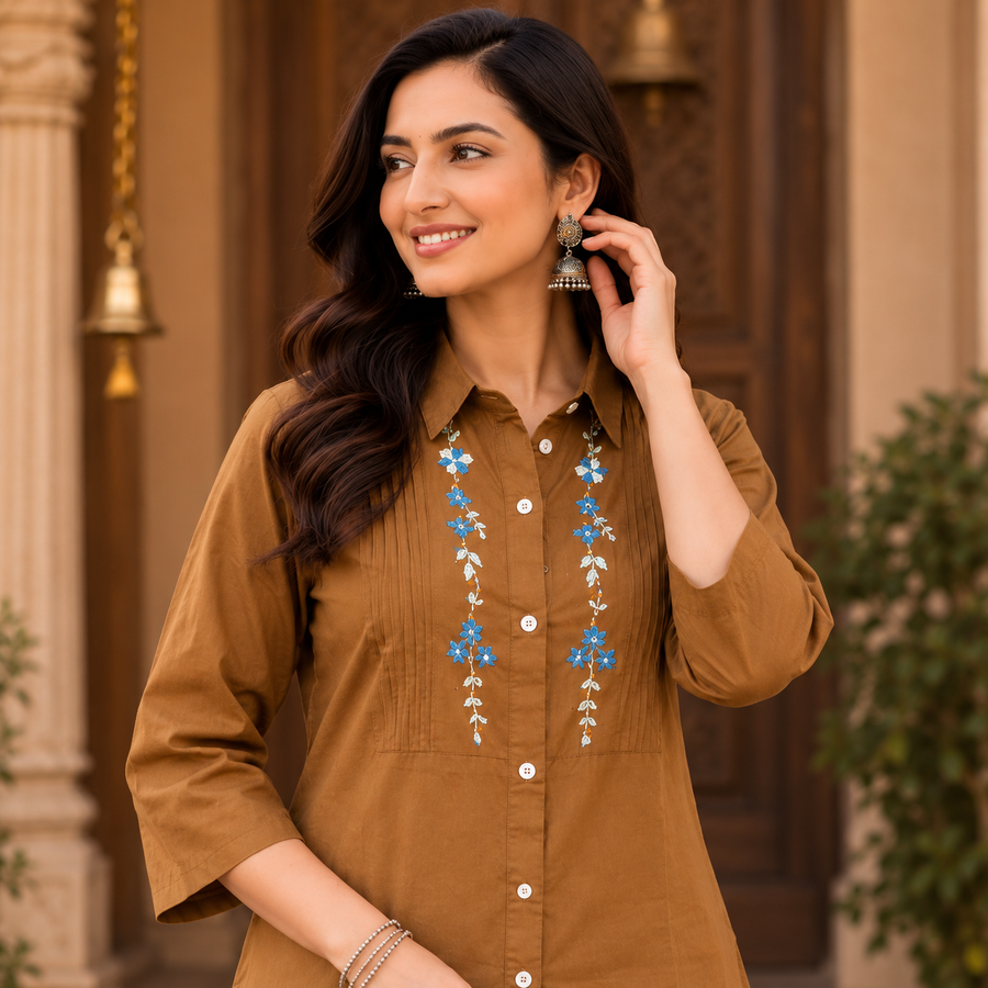 Ochre Bloom Embroidered Cotton Tunic - photo 3