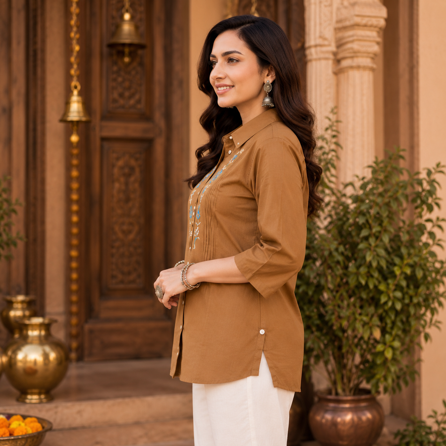 Ochre Bloom Embroidered Cotton Tunic - photo 4