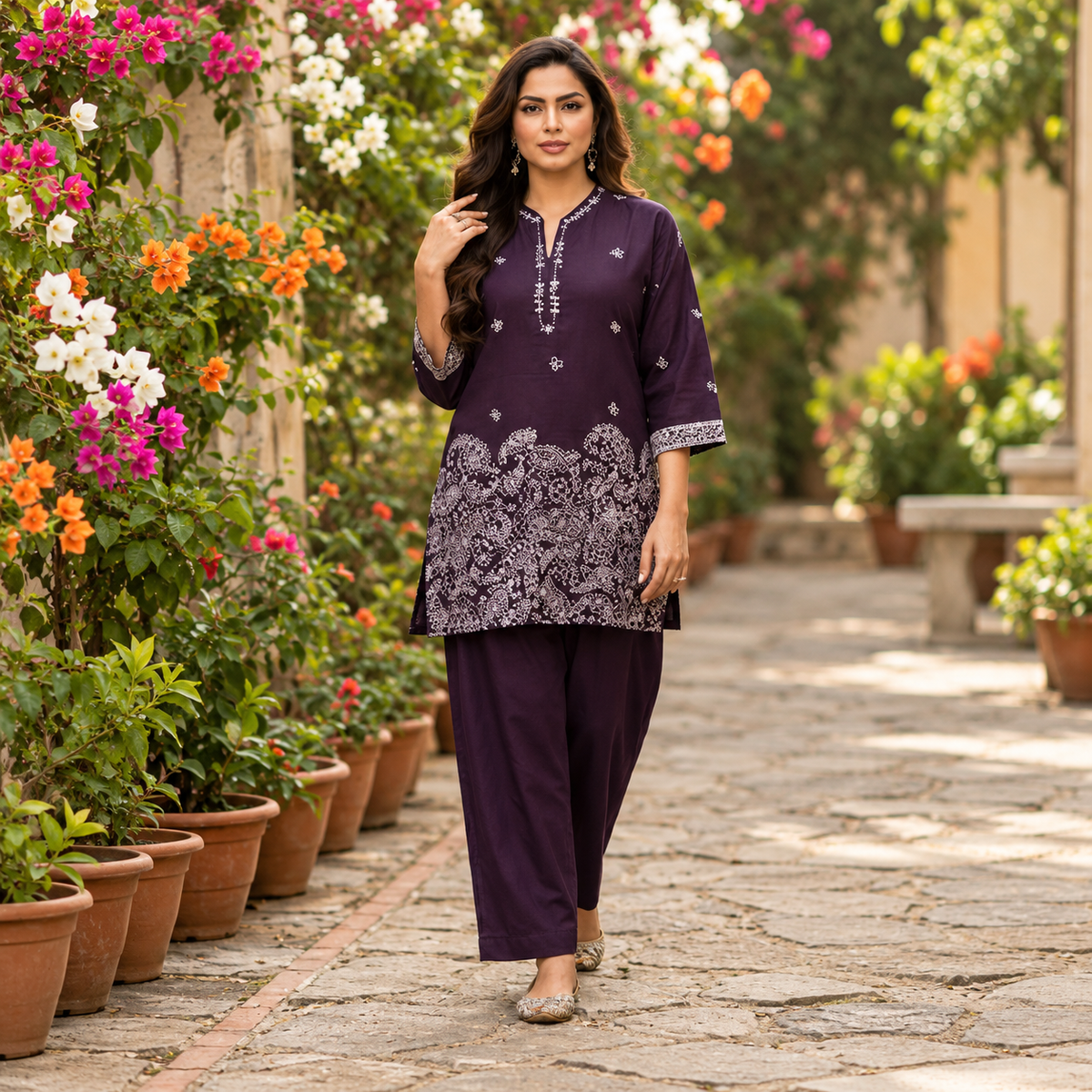 Wine Purple Embroidered Cotton Kurta & Wide-Leg Pant Set