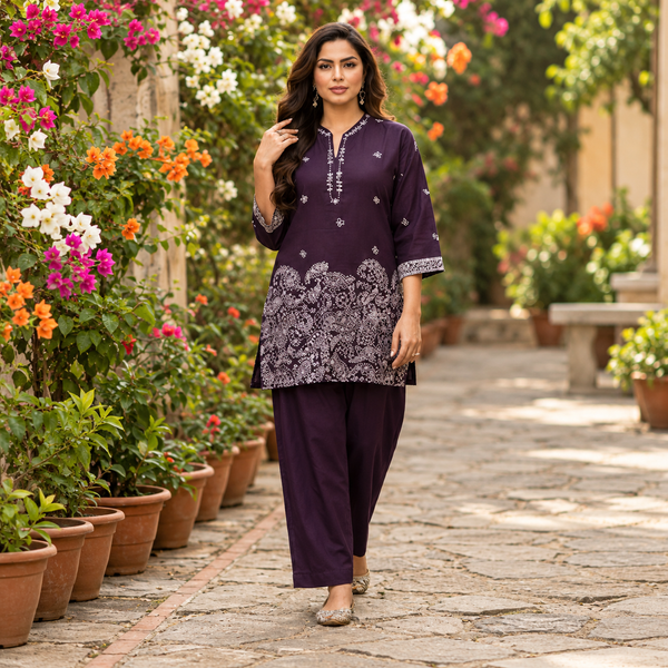 Wine Purple Cotton Kurta & Wide-Leg Pants - photo 1