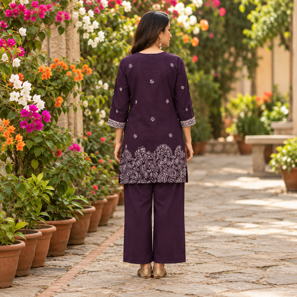 Wine Purple Cotton Kurta & Wide-Leg Pants - photo 3