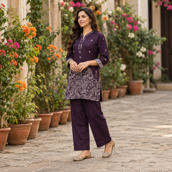 Wine Purple Cotton Kurta & Wide-Leg Pants - photo 2