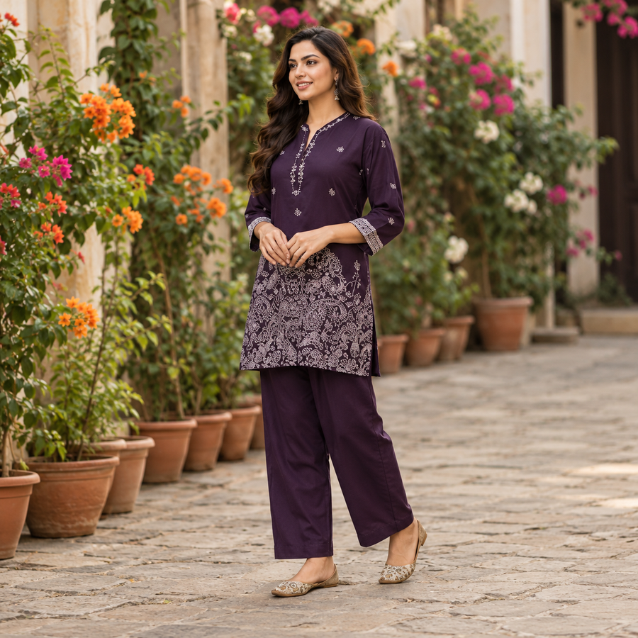 Wine Purple Cotton Kurta & Wide-Leg Pants - photo 2